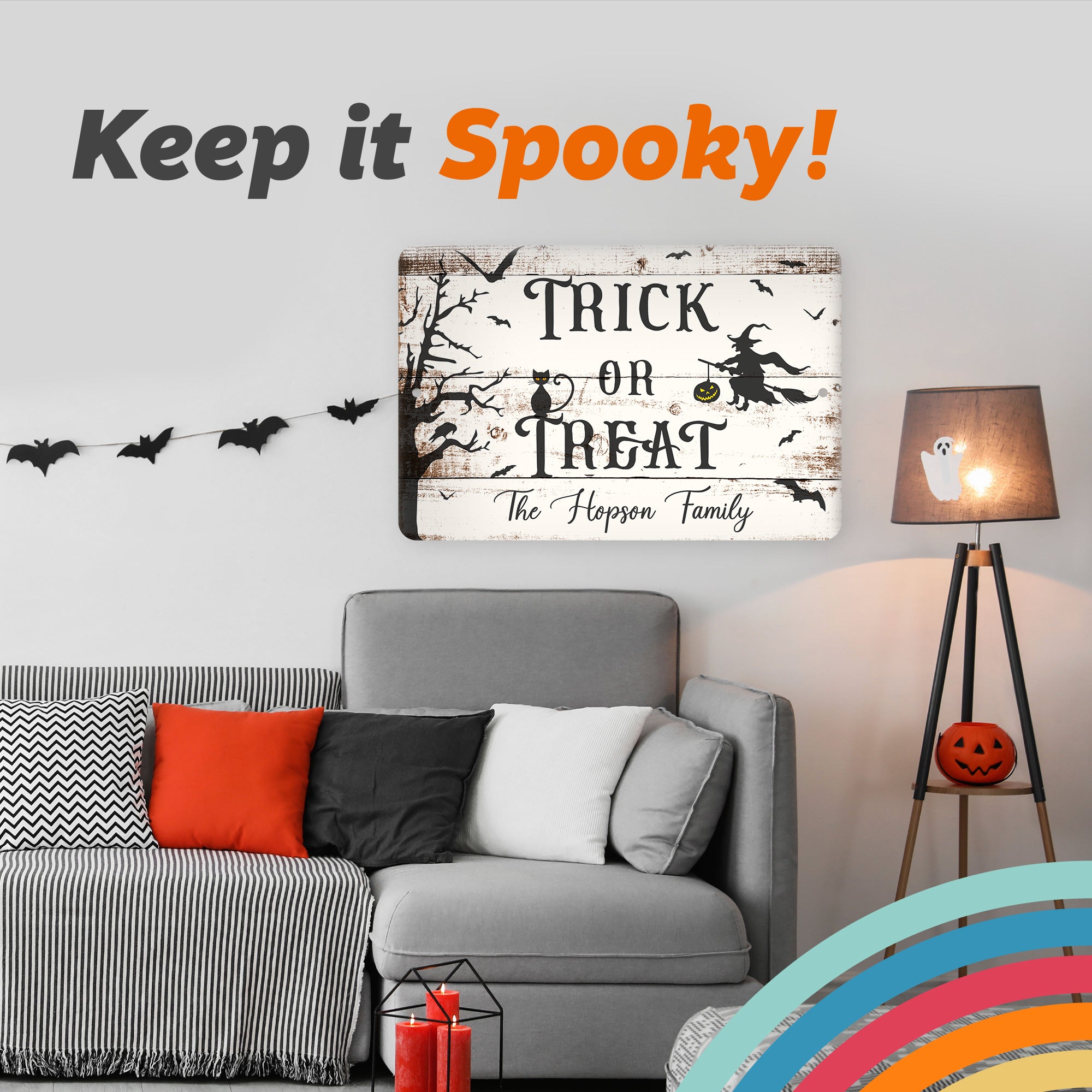 Pattern Pop - Personalized Halloween Sign - Spooky Seasonal Home Decor - Metal Sign Personalized for You - Rustic Plank Trick or Treat