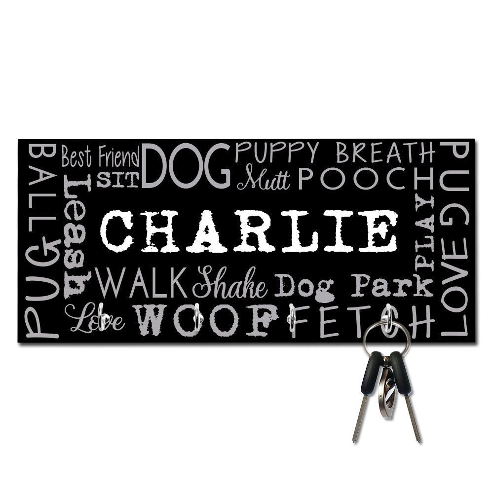 Personalized Pug Word Collage Key and Leash Hanger
