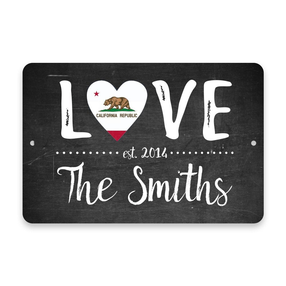 Personalized Chalkboard California Love State Flag Metal Room Sign with Family Name