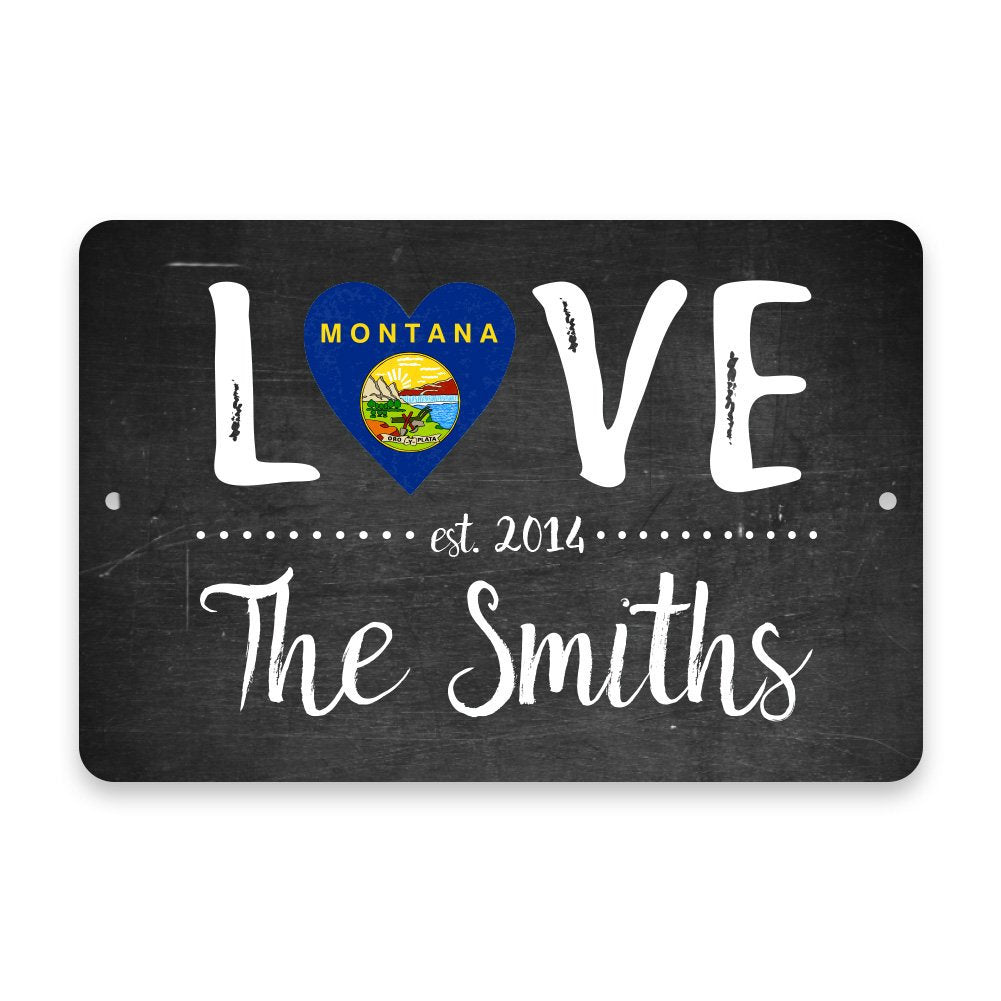 Personalized Chalkboard Montana Love State Flag Metal Room Sign with Family Name