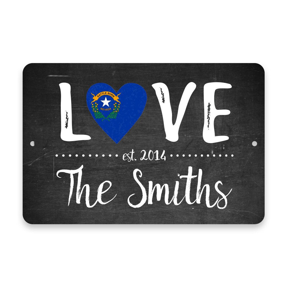 Personalized Chalkboard Nevada Love State Flag Metal Room Sign with Family Name