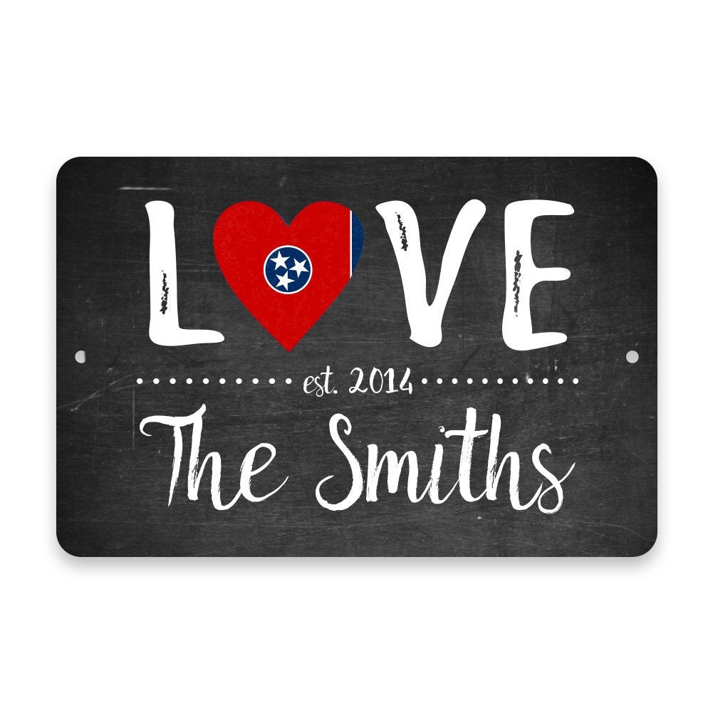 Personalized Chalkboard Tennessee Love State Flag Metal Room Sign with Family Name