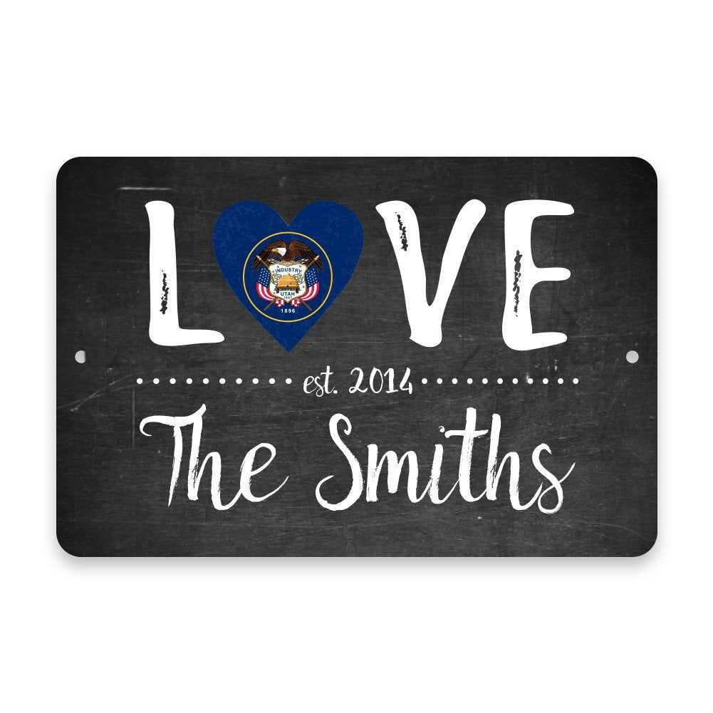 Personalized Chalkboard Utah Love State Flag Metal Room Sign with Family Name