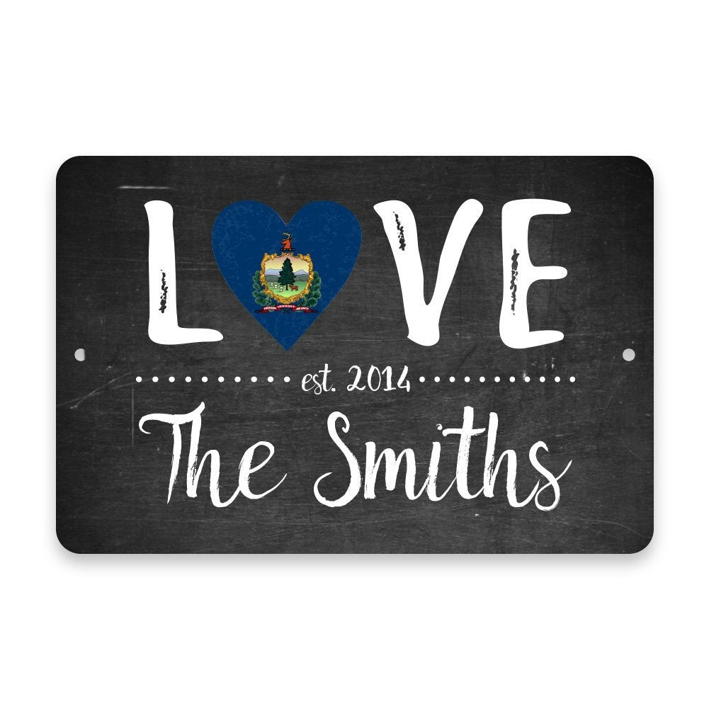 Personalized Chalkboard Vermont Love State Flag Metal Room Sign with Family Name
