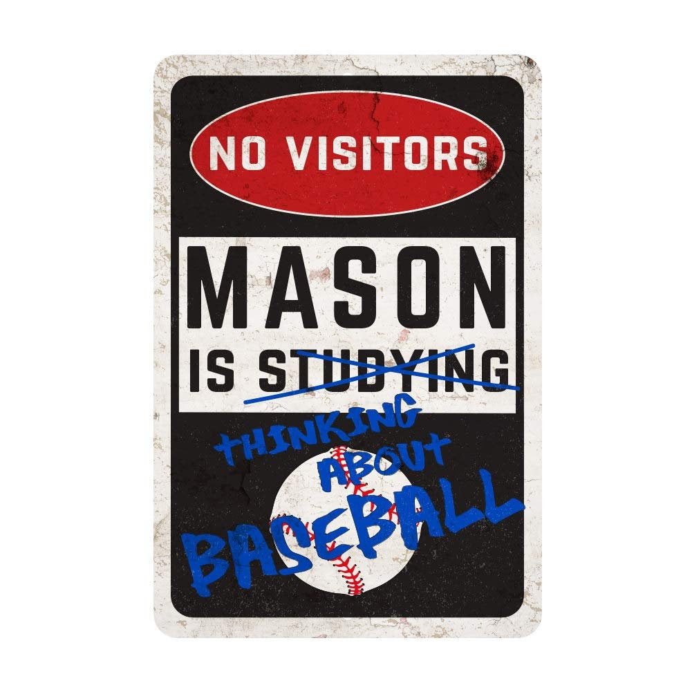 Personalized Baseball Room Sign - No Visitors, Studying, Thinking About Baseball Wall Decor Metal Door Sign