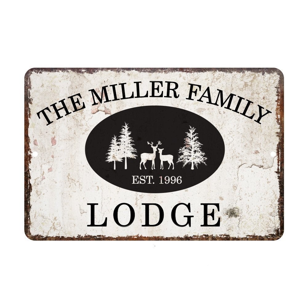 Personalized Vintage Distressed Look Lodge Metal Room Sign