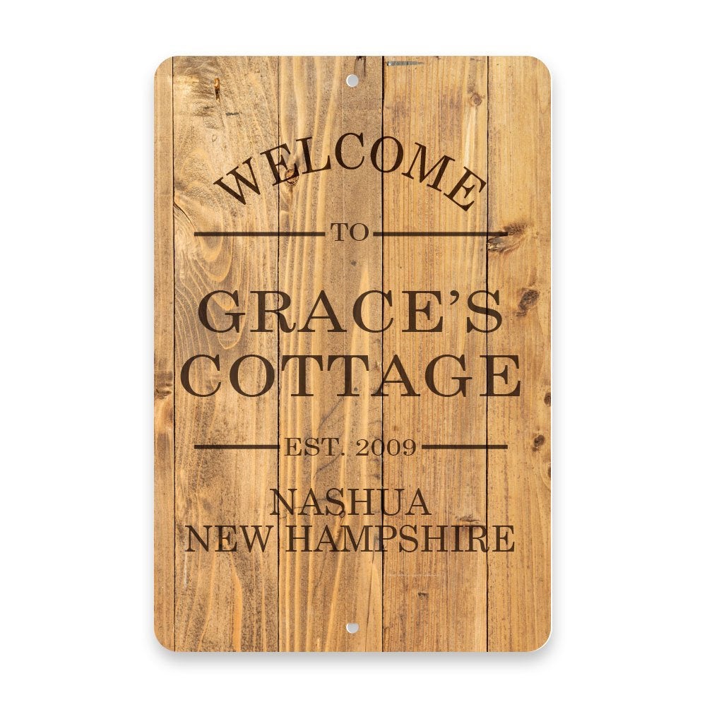 Personalized Rustic Wood Plank-Look Welcome to The Cottage Metal Room Sign