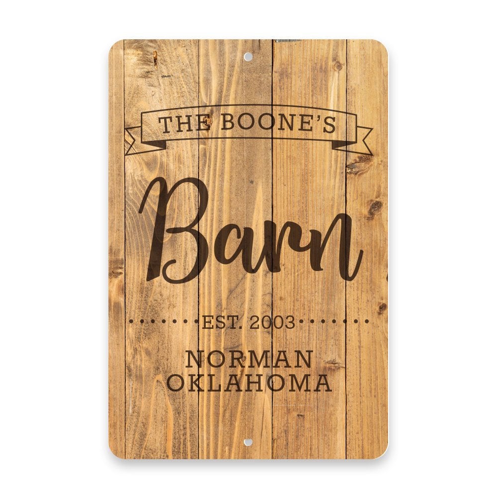 Personalized Rustic Wood Plank Barn with Name in Banner Metal Room Sign