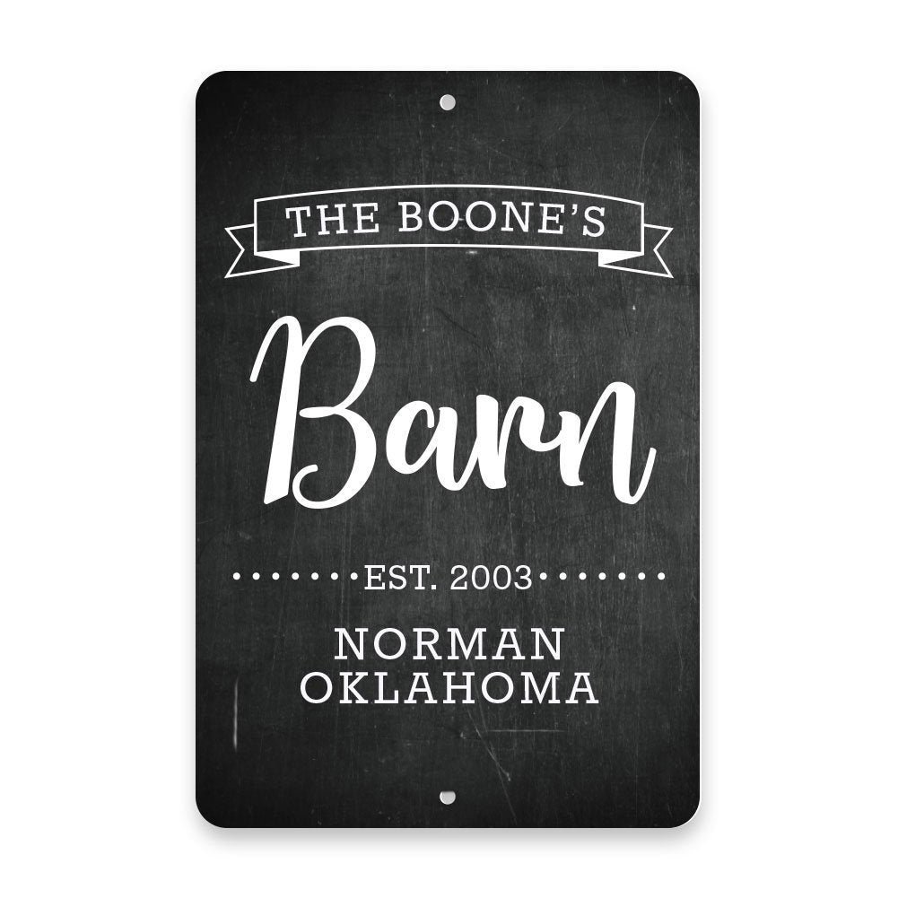 Personalized Chalkboard Barn with Name in Banner Metal Room Sign