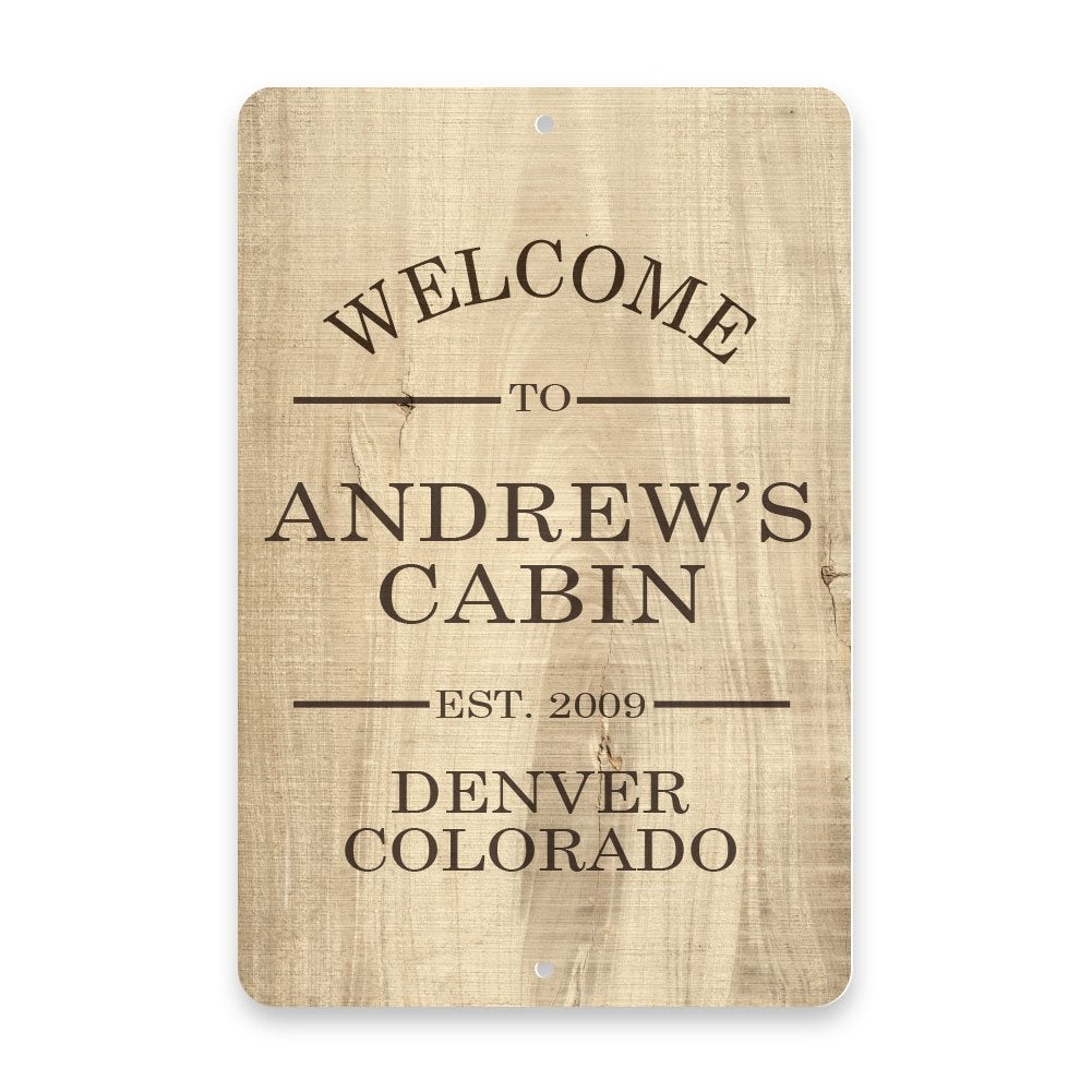 Personalized Subtle Wood Grain Welcome to The Cabin Metal Room Sign