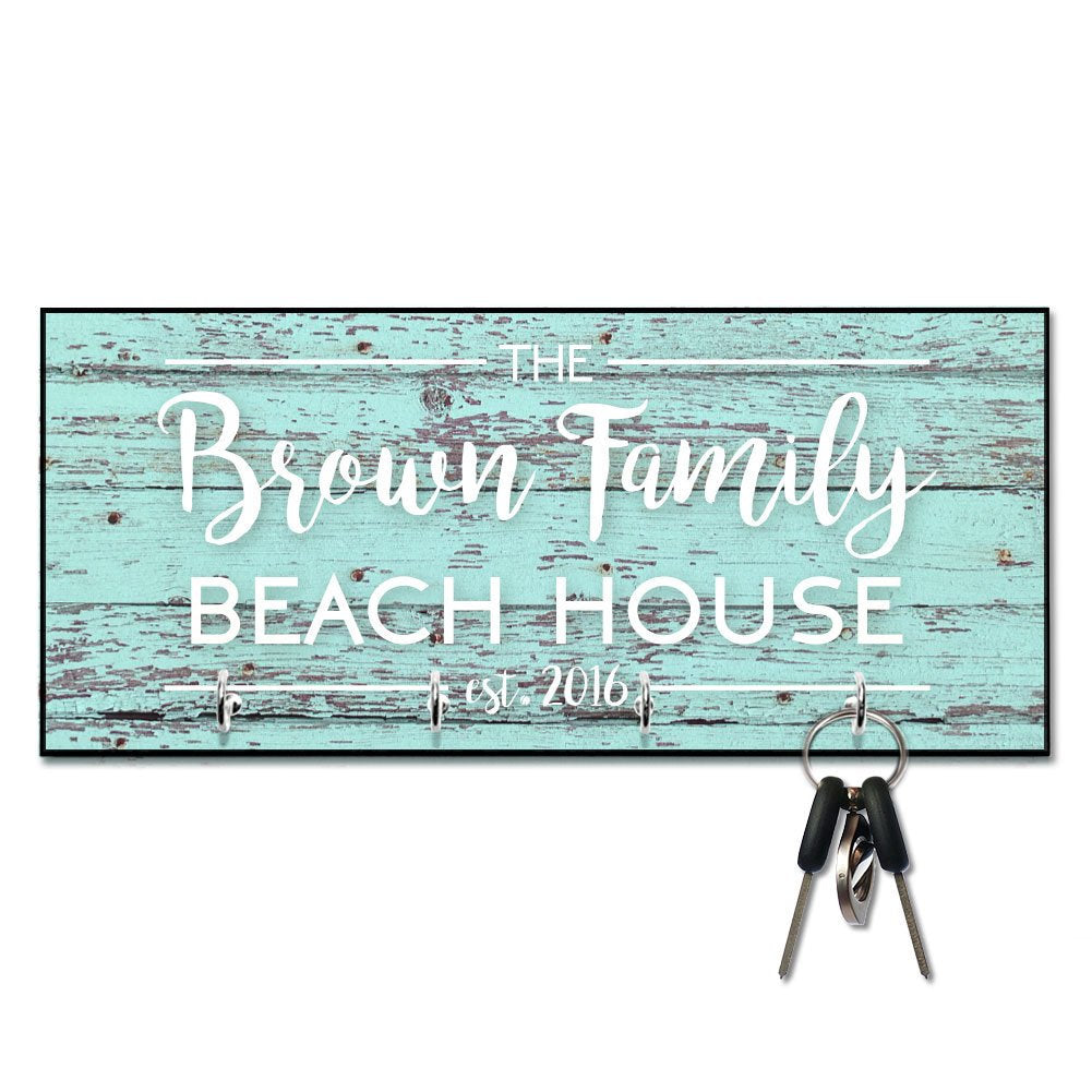 Personalized Mint Rustic Wood Plank Look Beach House Key Hanger
