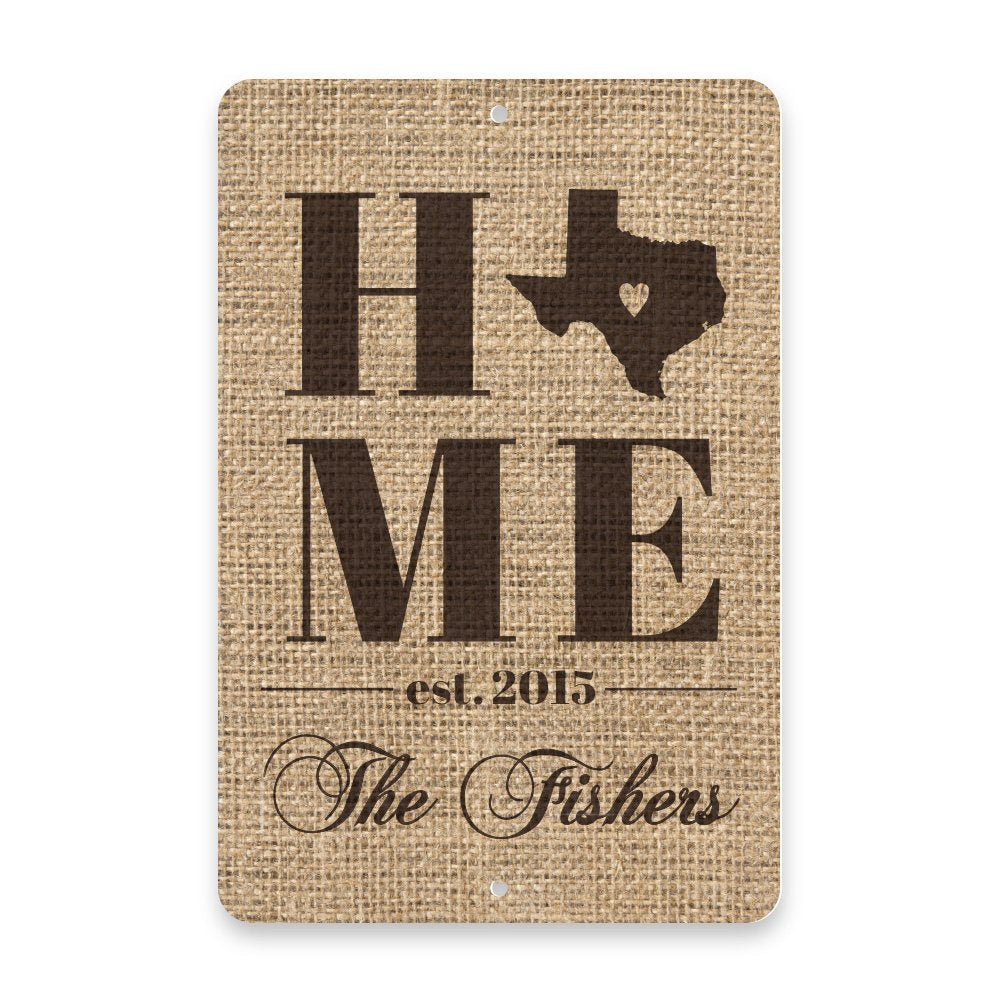 Personalized Burlap Texas Home with Family Name Metal Room Sign
