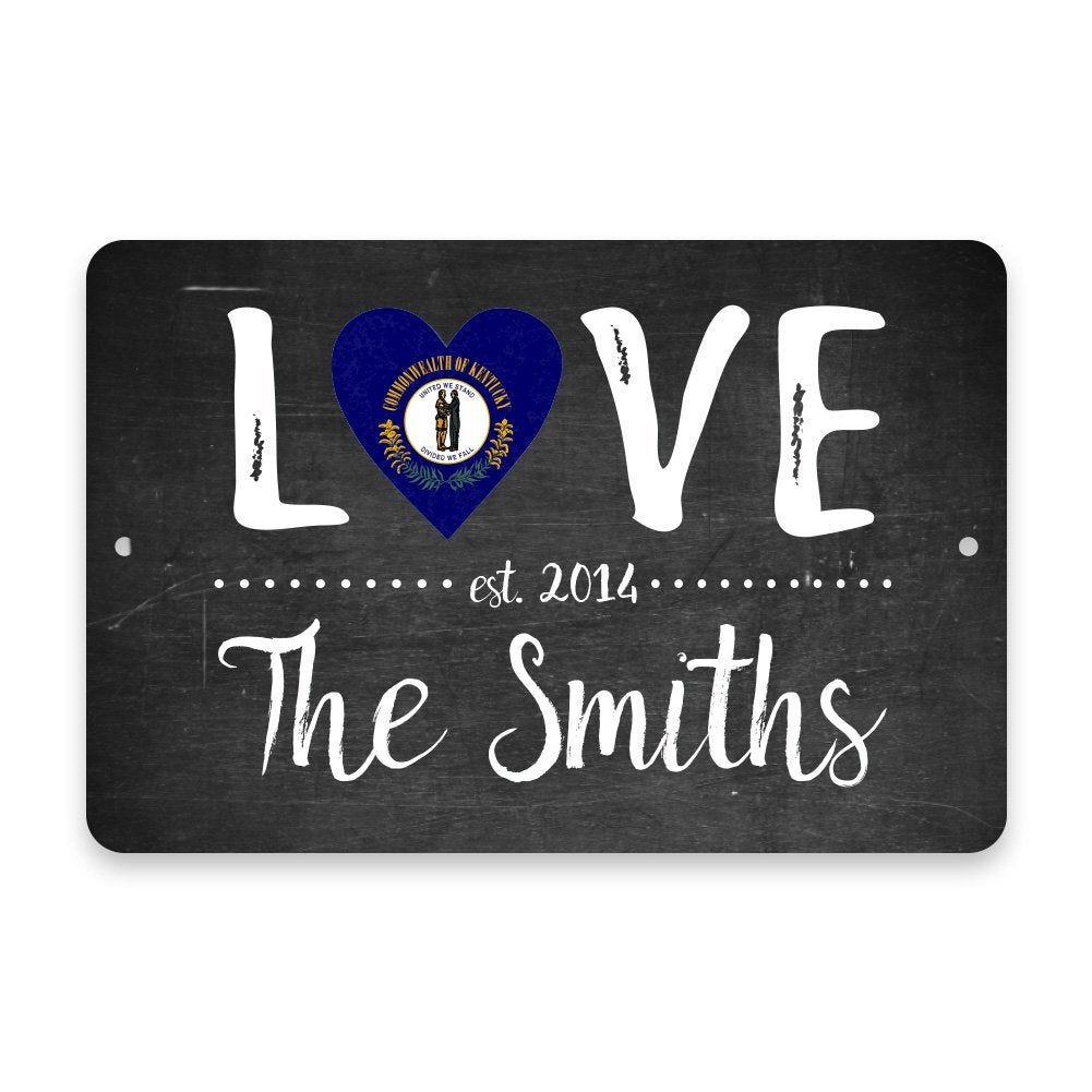 Personalized Chalkboard Kentucky Love State Flag Metal Room Sign with Family Name