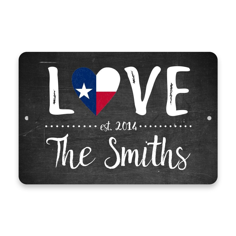 Personalized Chalkboard Texas Love State Flag Metal Room Sign with Family Name