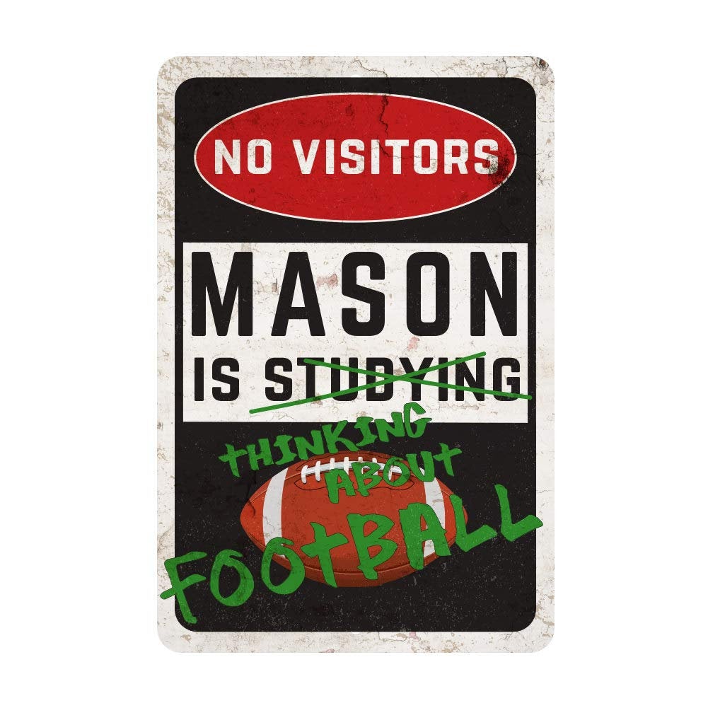 Personalized Football Room Sign - No Visitors, Studying, Thinking About Football Wall Decor Metal Door Sign