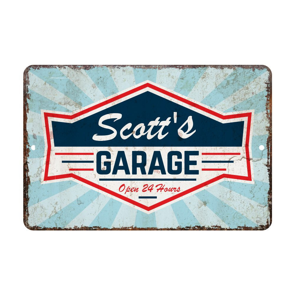 Personalized Vintage Distressed Look Garage Open 24 Hours Metal Room Sign