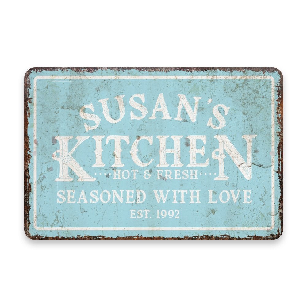 Personalized Vintage Distressed Look Mint Kitchen Seasoned with Love Metal Room Sign