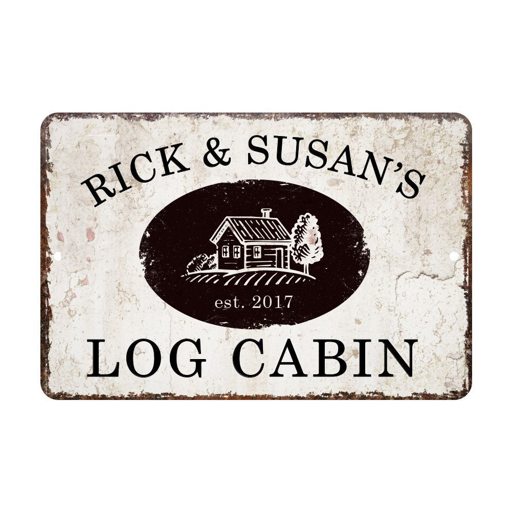 Personalized Vintage Distressed Look Log Cabin Metal Room Sign