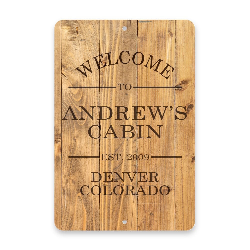 Personalized Rustic Wood Plank Welcome to The Cabin Metal Room Sign