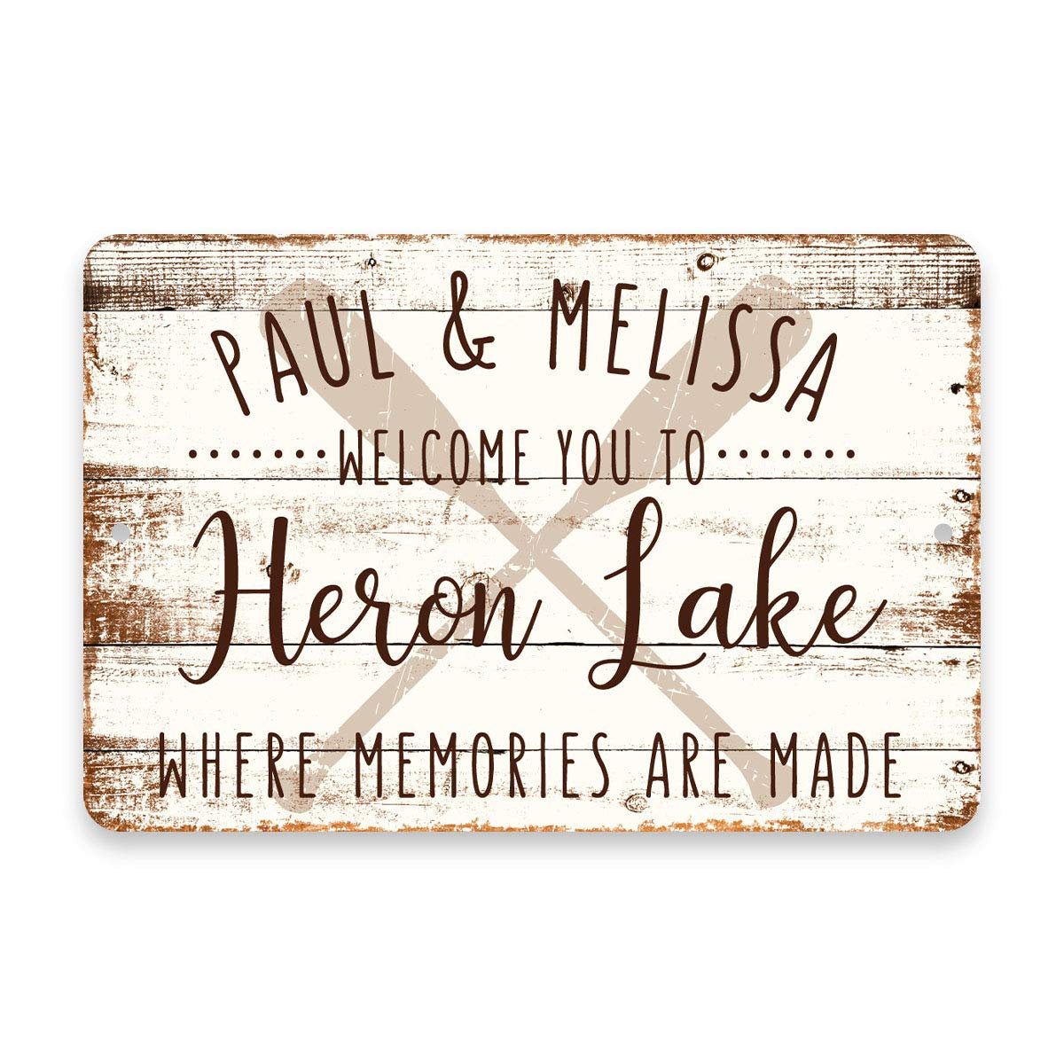 Personalized Welcome to Heron Lake Where Memories are Made Sign - 8 X 12 Metal Sign with Wood Look