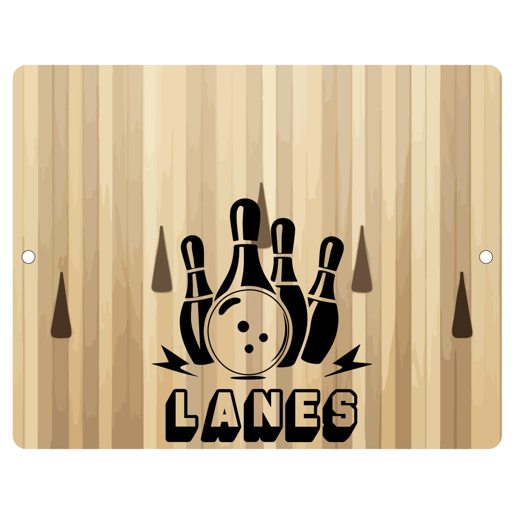 Personalized Bowling Lanes Wood Look Metal Room Sign