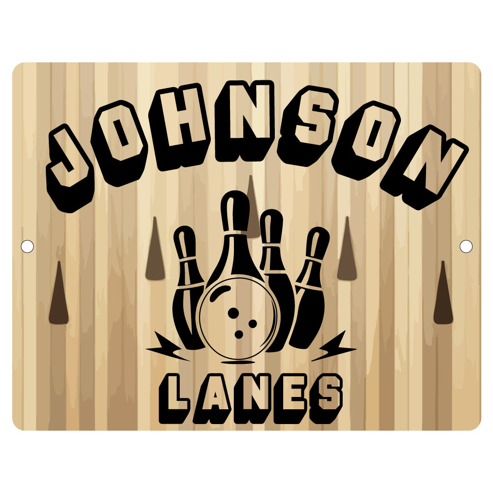 Personalized Bowling Lanes Wood Look Metal Room Sign