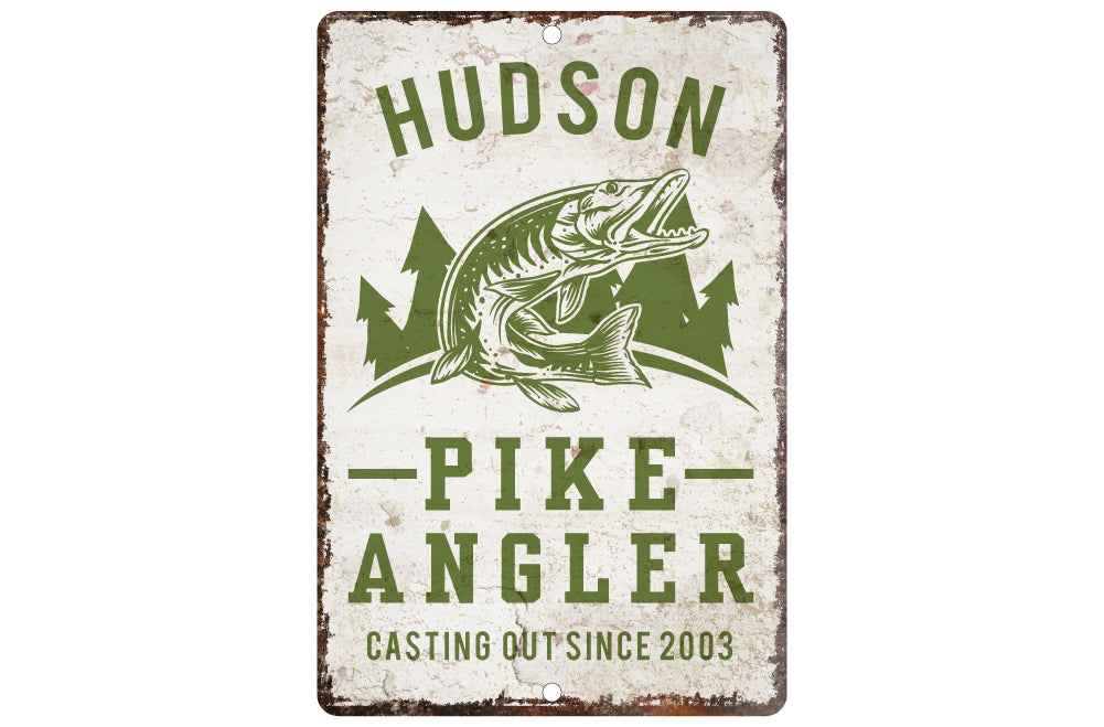 Personalized Vintage Distressed Look Pike Angler Metal Room Sign