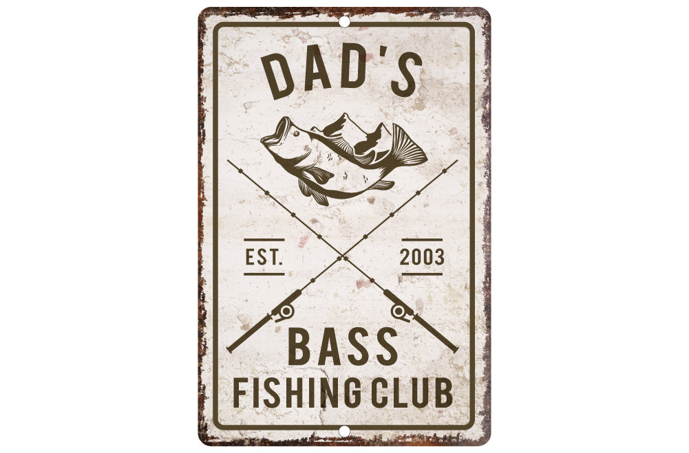 Personalized Vintage Distressed Look Bass Fishing Club Metal Room Sign