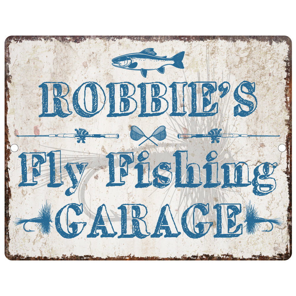 Personalized Fly Fishing Garage - Blue Text - Fishing Metal Sign