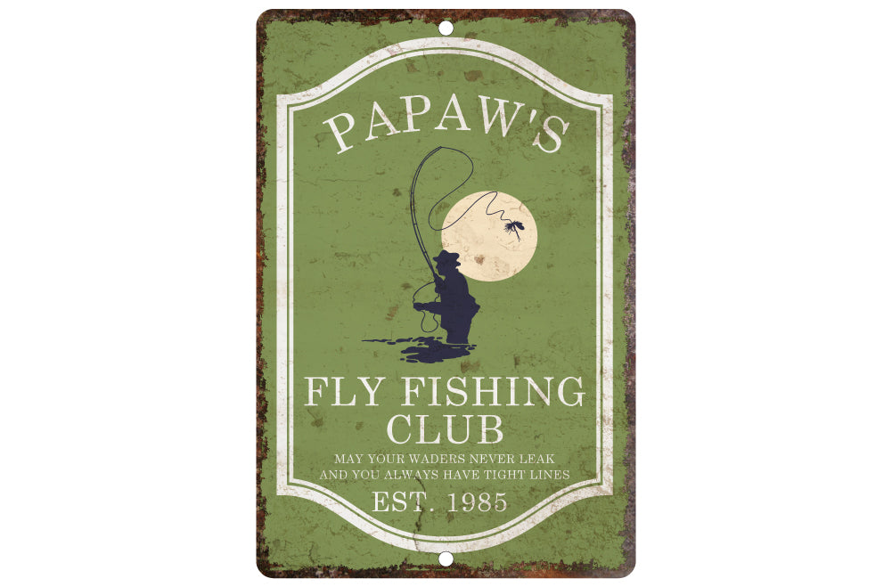 Personalized Vintage Distressed Look Green Fly Fishing Club Metal Room Sign