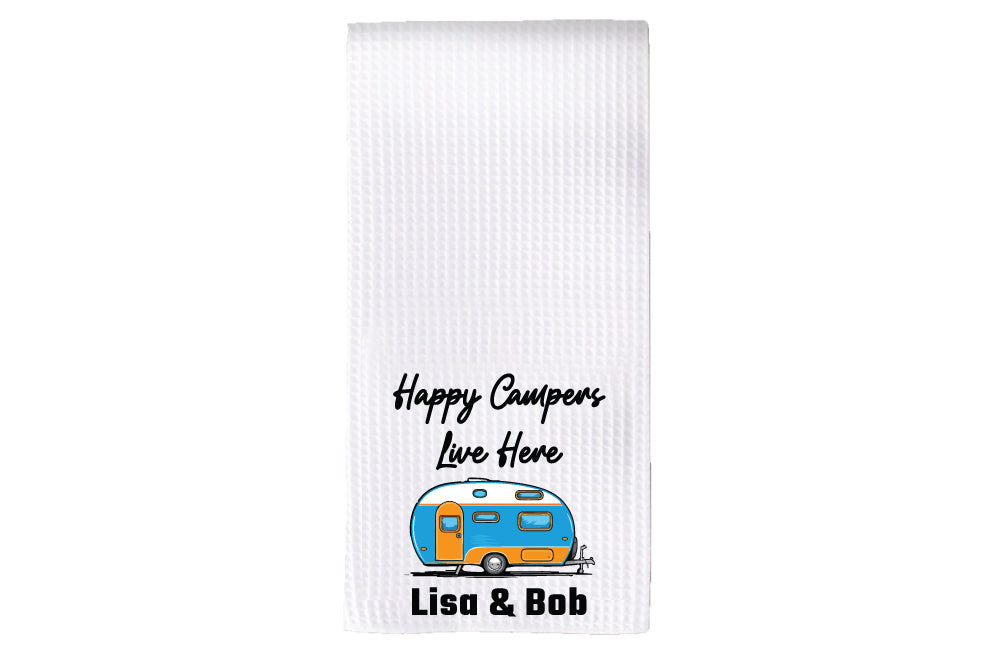 Personalized Happy Campers Live Here Tea Towel