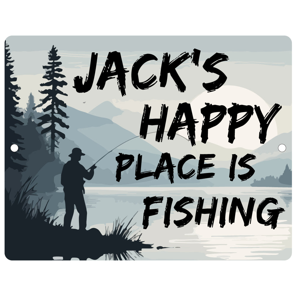 Personalized Happy Place is Fishing Metal Sign