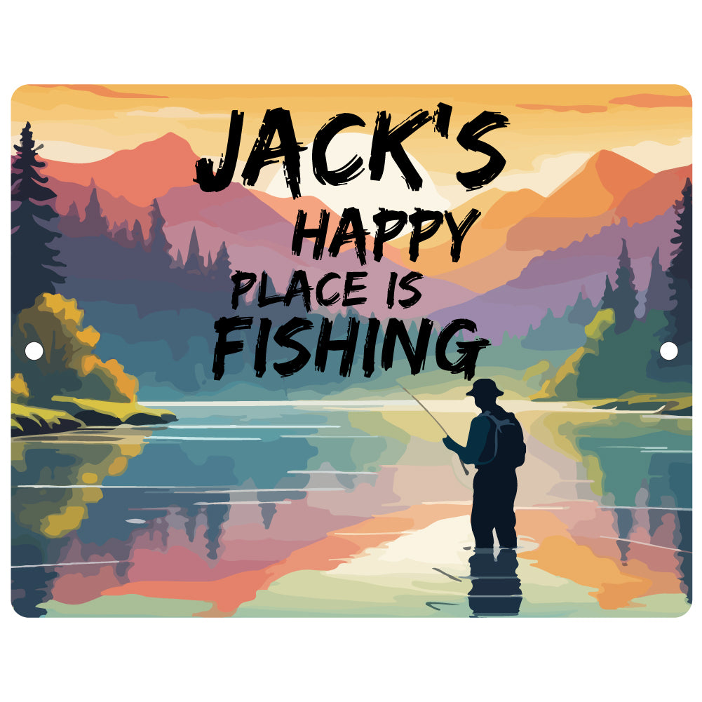 Personalized Happy Place is Fishing Colorful Metal Sign