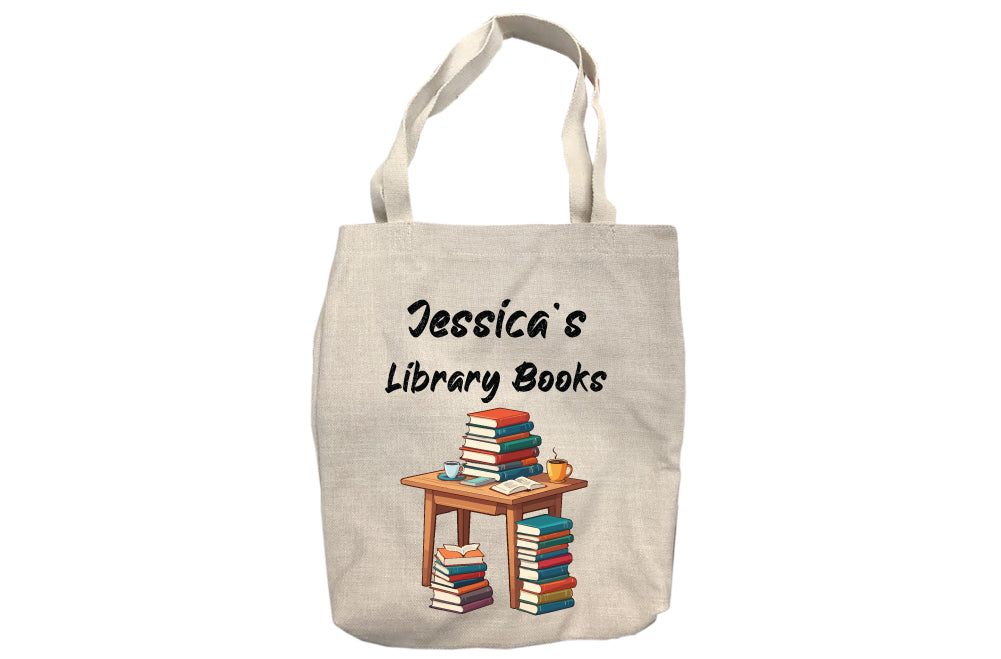 Personalized Library Books Tote Bag showing a Table with Books