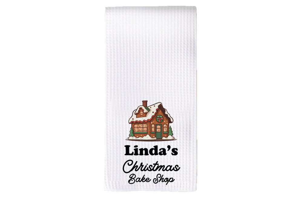 Personalized Christmas Bake Shop Gingerbread House Tea Towel