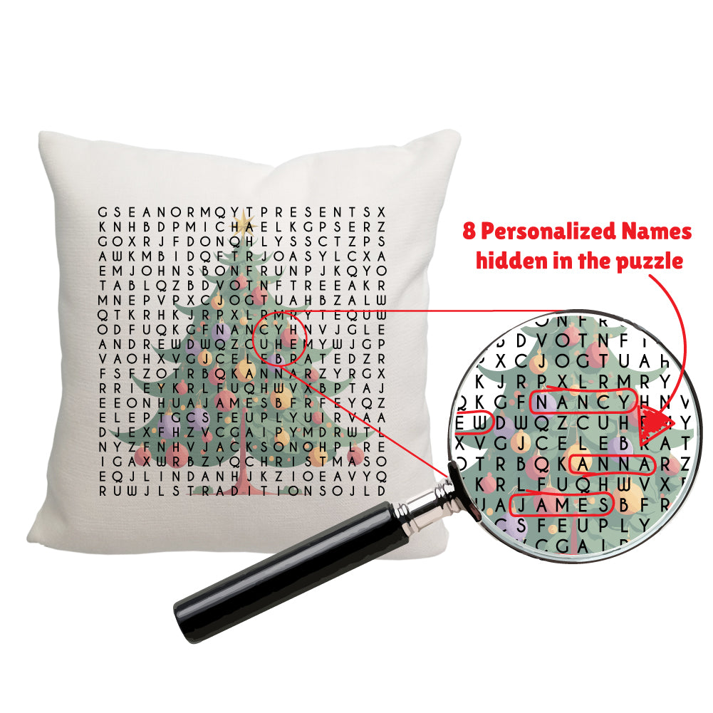 Personalized Christmas Tree Word Search Throw Pillow