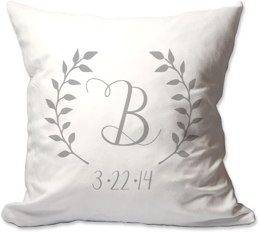 Script Initial and Date Throw Pillow with Laurel Wreath