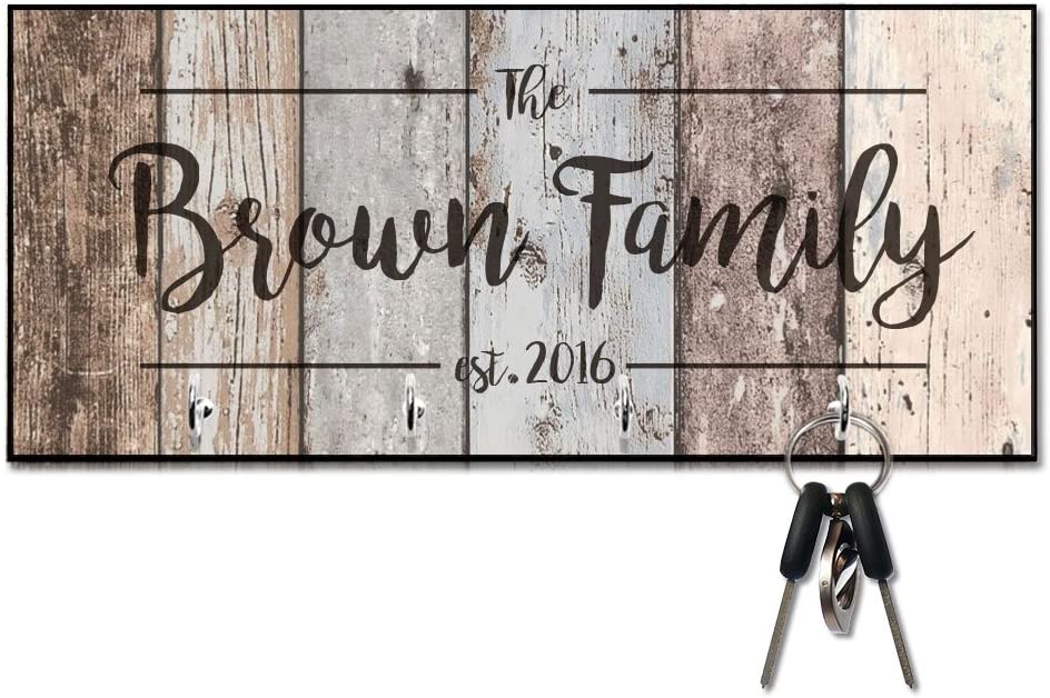 Rustic Wood Plank Look Key Hanger with Family Name and Date