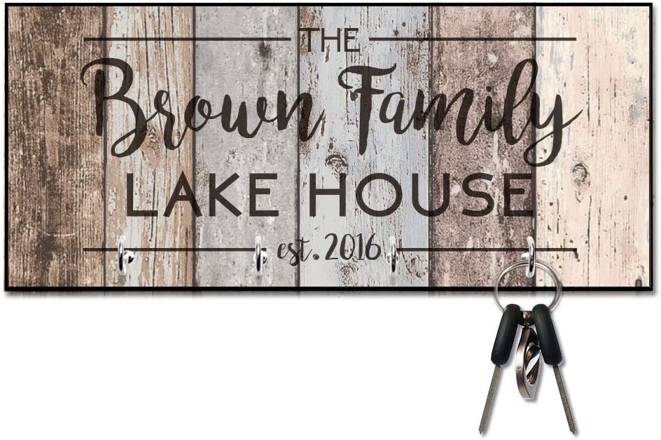 Rustic Wood Plank Look Lake House Key Hanger with Name and Date