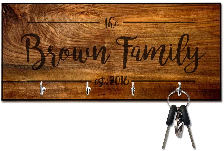 Rich Wood Look Key Hanger with Family Name and Date