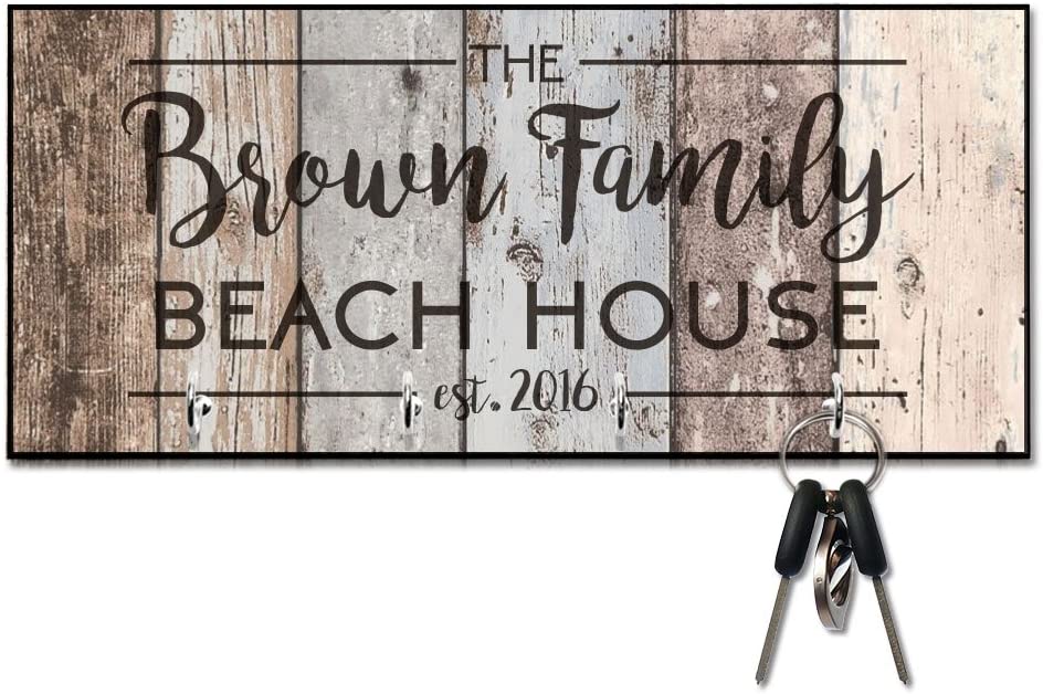 Rustic Wood Plank Look Beach House Key Hanger with Name and Date