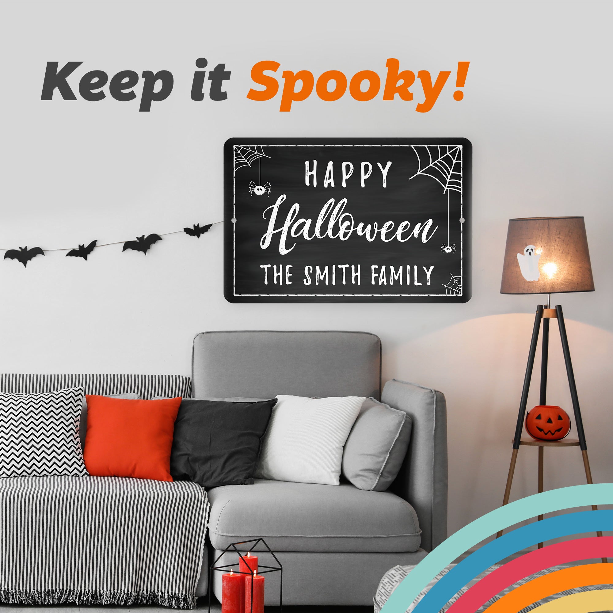 Pattern Pop - Personalized Halloween Sign - Spooky Seasonal Home Decor - Metal Sign Personalized for You - Chalkboard Happy Halloween Spider Webs