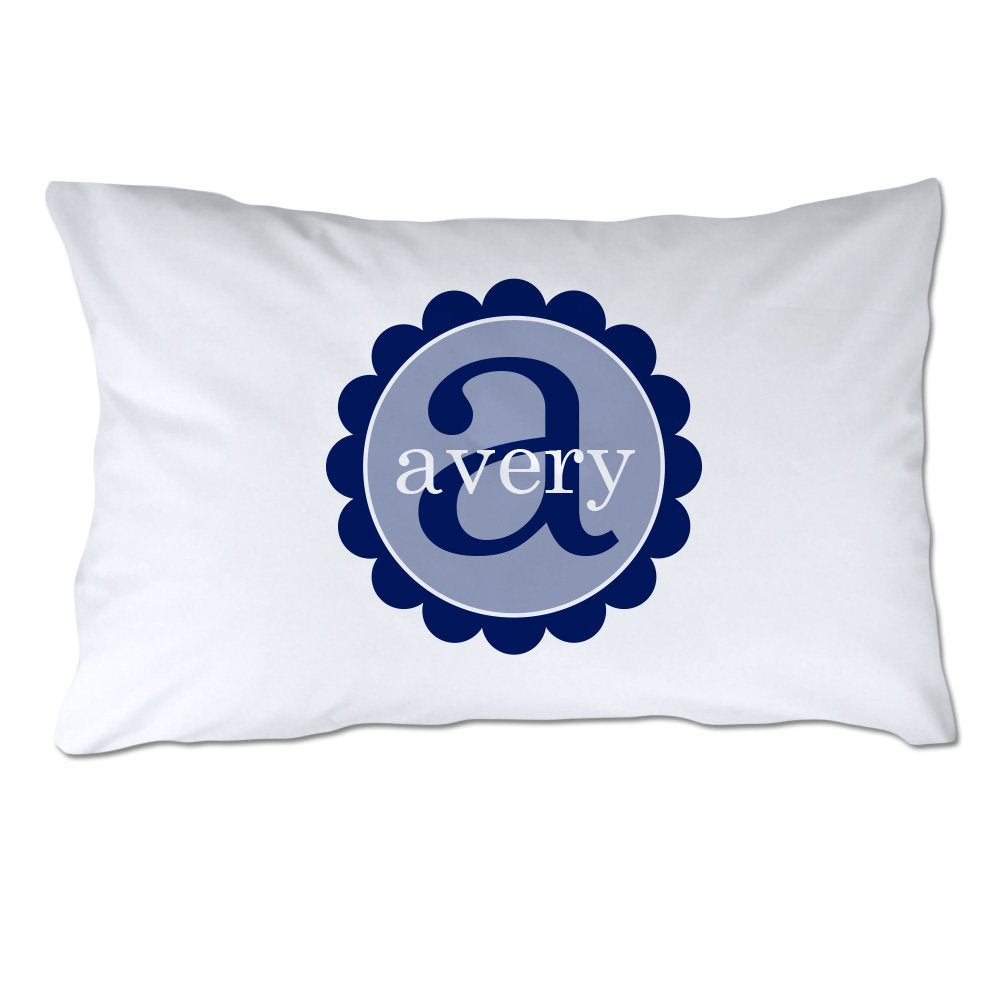 Personalized Navy Scalloped Circle Initial and Name Pillowcase