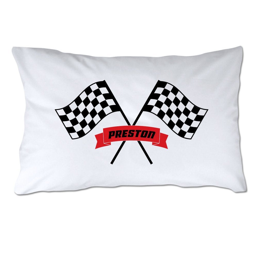 Personalized Toddler Size Checkered Racing Flags Pillowcase with Pillow Included
