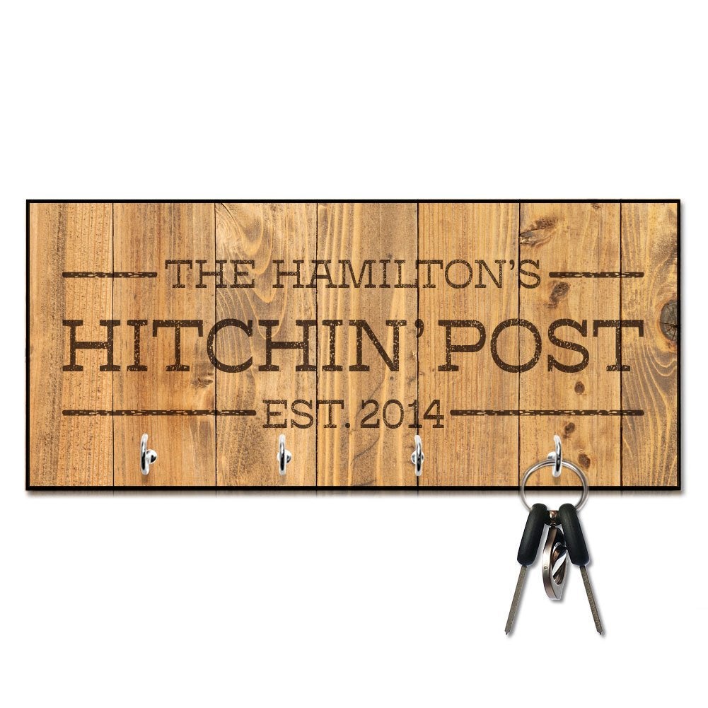 Personalized Rustic Wood Plank Hitchin' Post Key Hanger