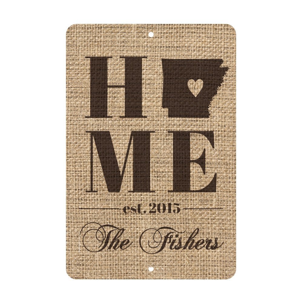 Personalized Burlap Arkansas Home with Family Name Metal Room Sign
