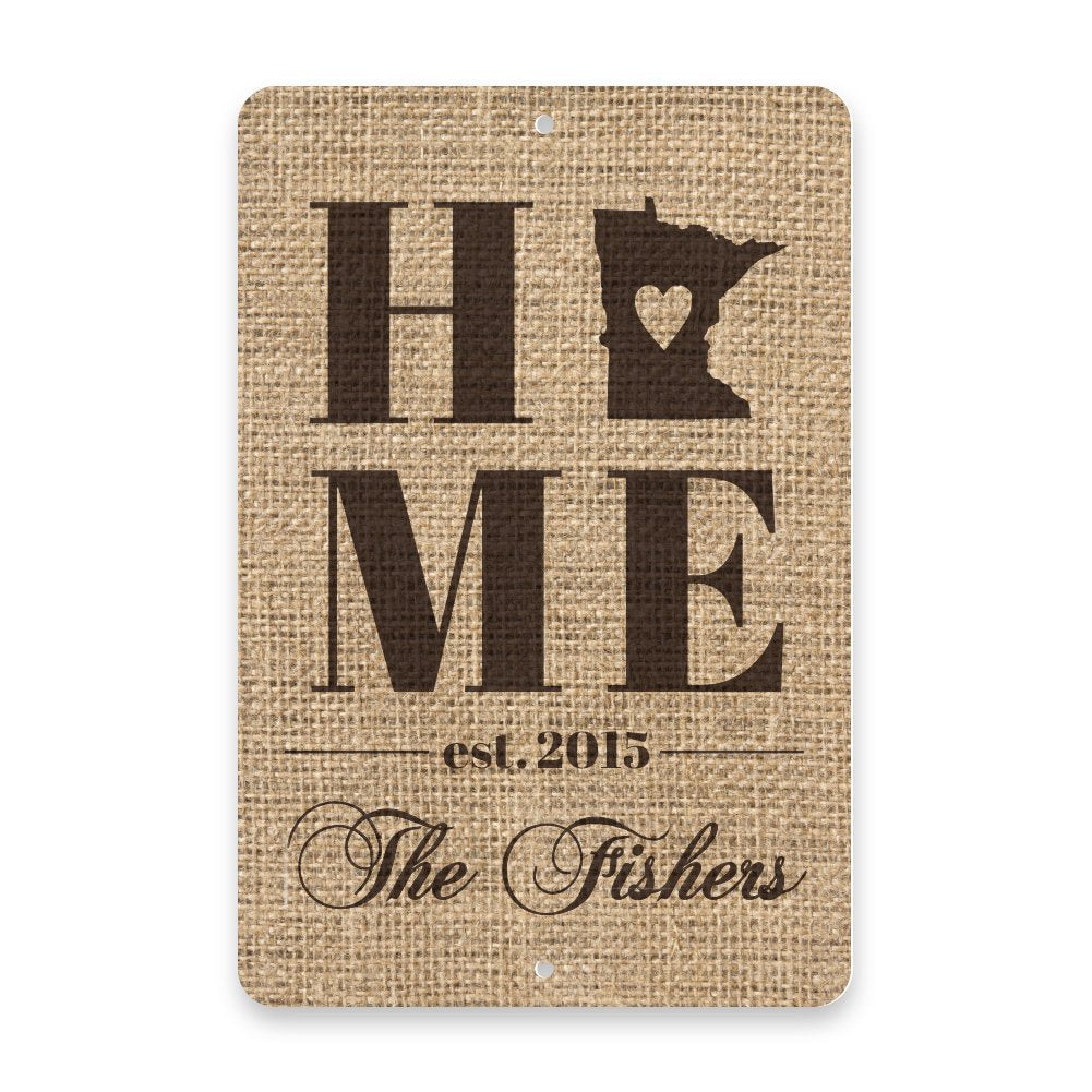 Personalized Burlap Minnesota Home with Family Name Metal Room Sign