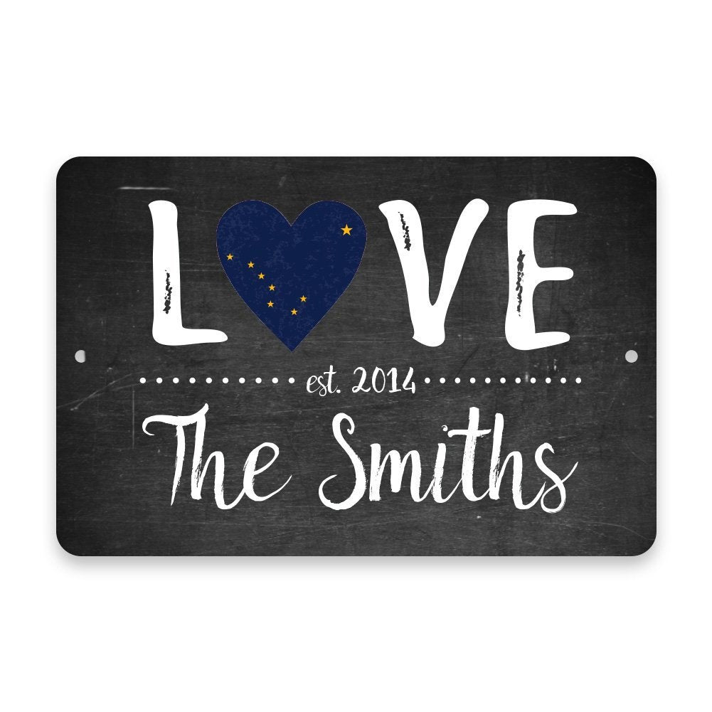 Personalized Chalkboard Alaska Love State Flag Metal Room Sign with Family Name