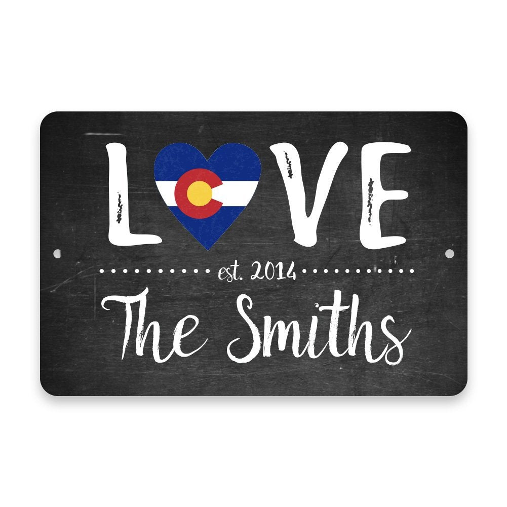 Personalized Chalkboard Colorado Love State Flag Metal Room Sign with Family Name