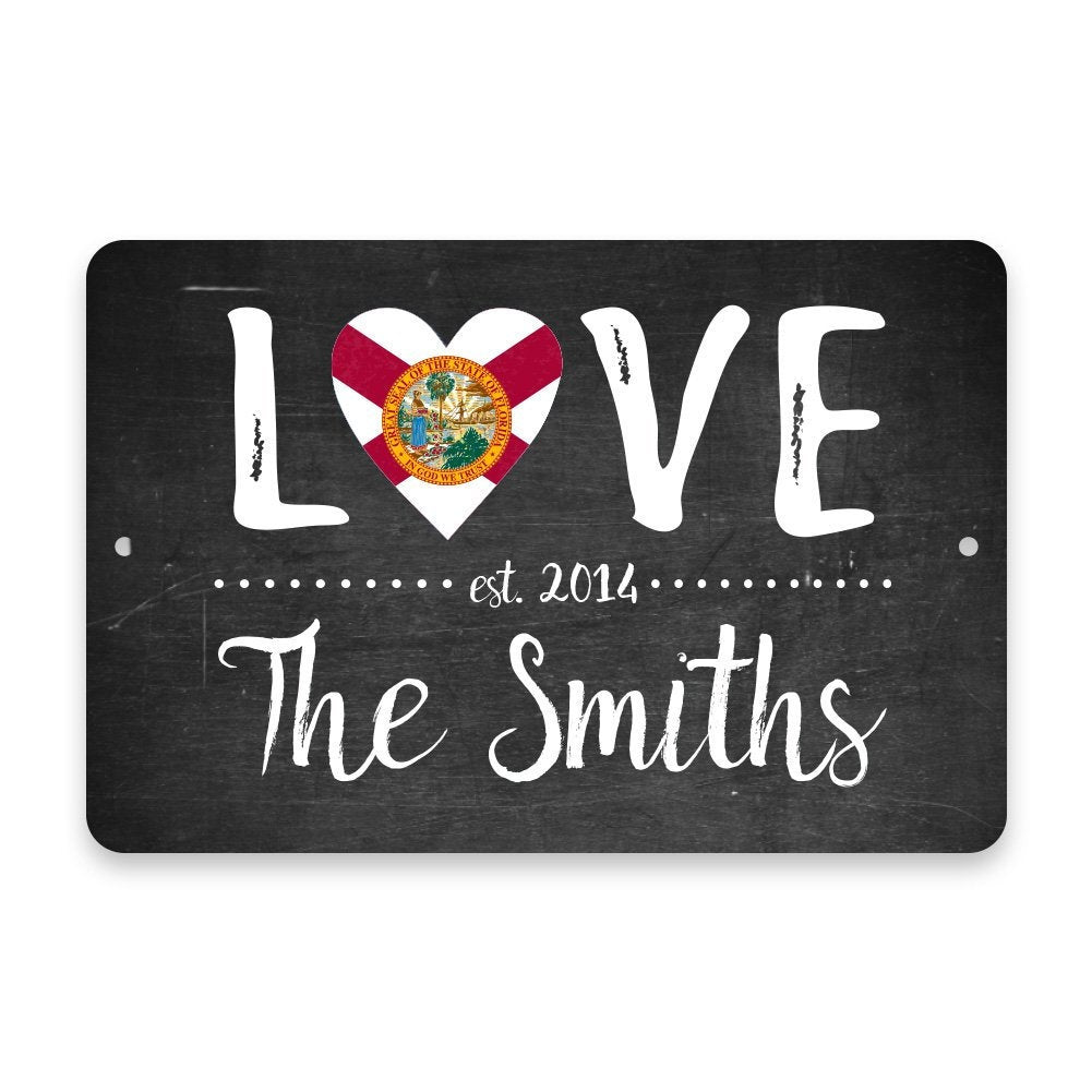 Personalized Chalkboard Florida Love State Flag Metal Room Sign with Family Name